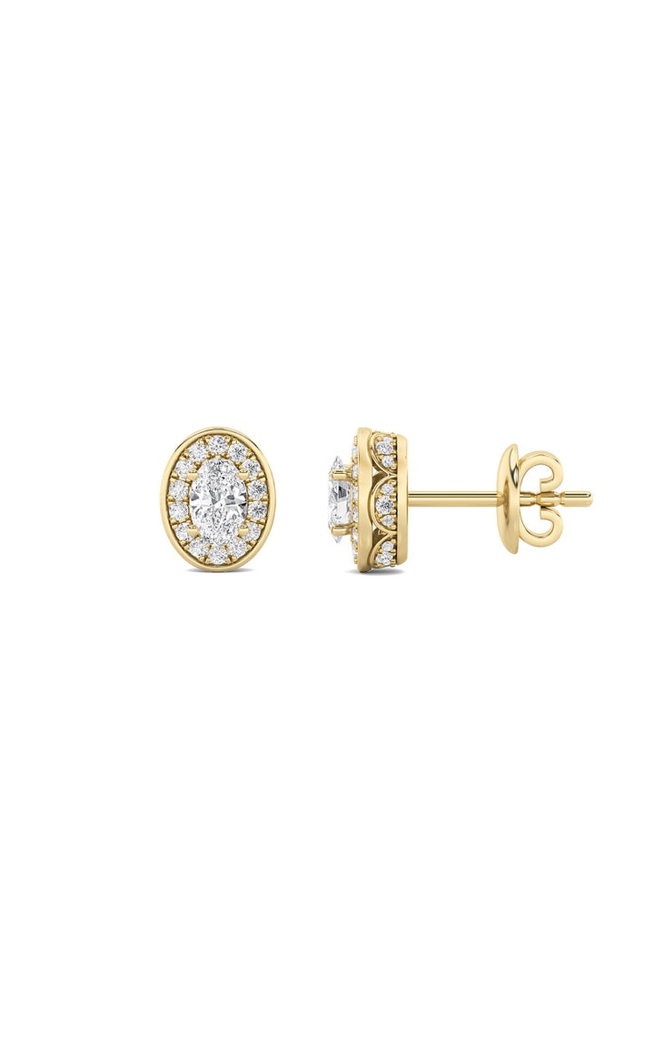1Cttw Oval Shaped Lab Grown Diamond (F/VS) Halo Stud Earrings in 14K Gold