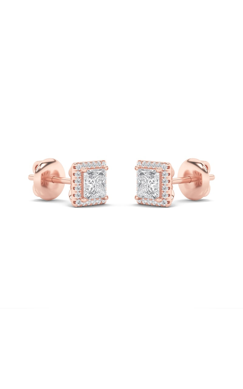 2Cttw Princess Shaped Lab Grown Diamond (F/VS) Halo Stud Earrings in 14K Gold