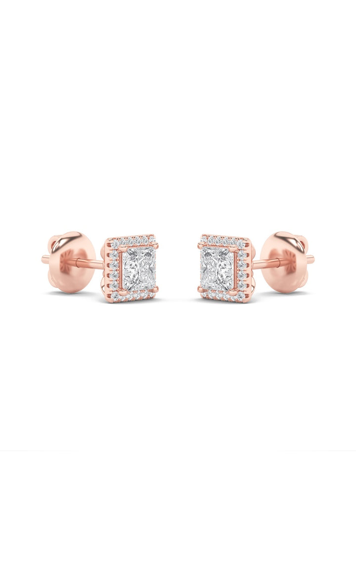 2Cttw Princess Shaped Lab Grown Diamond (F/VS) Halo Stud Earrings in 14K Gold