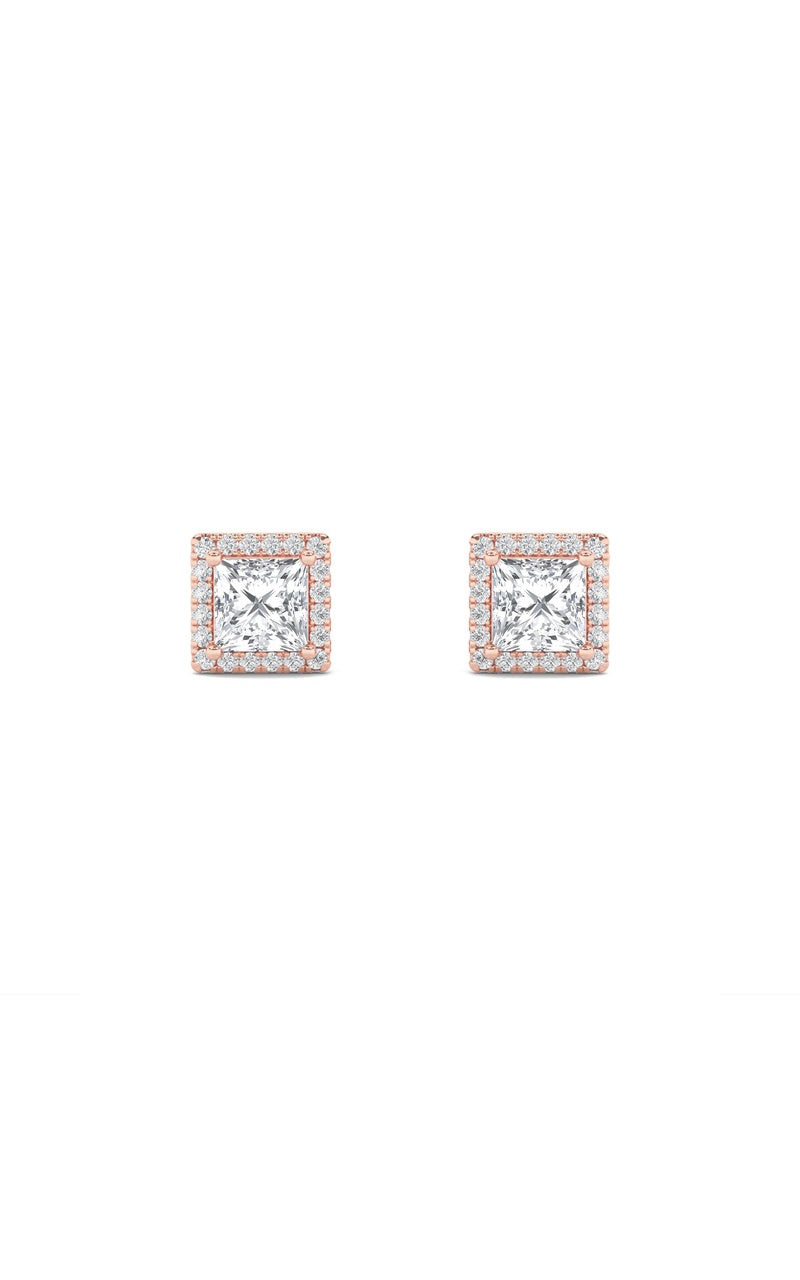 2Cttw Princess Shaped Lab Grown Diamond (F/VS) Halo Stud Earrings in 14K Gold