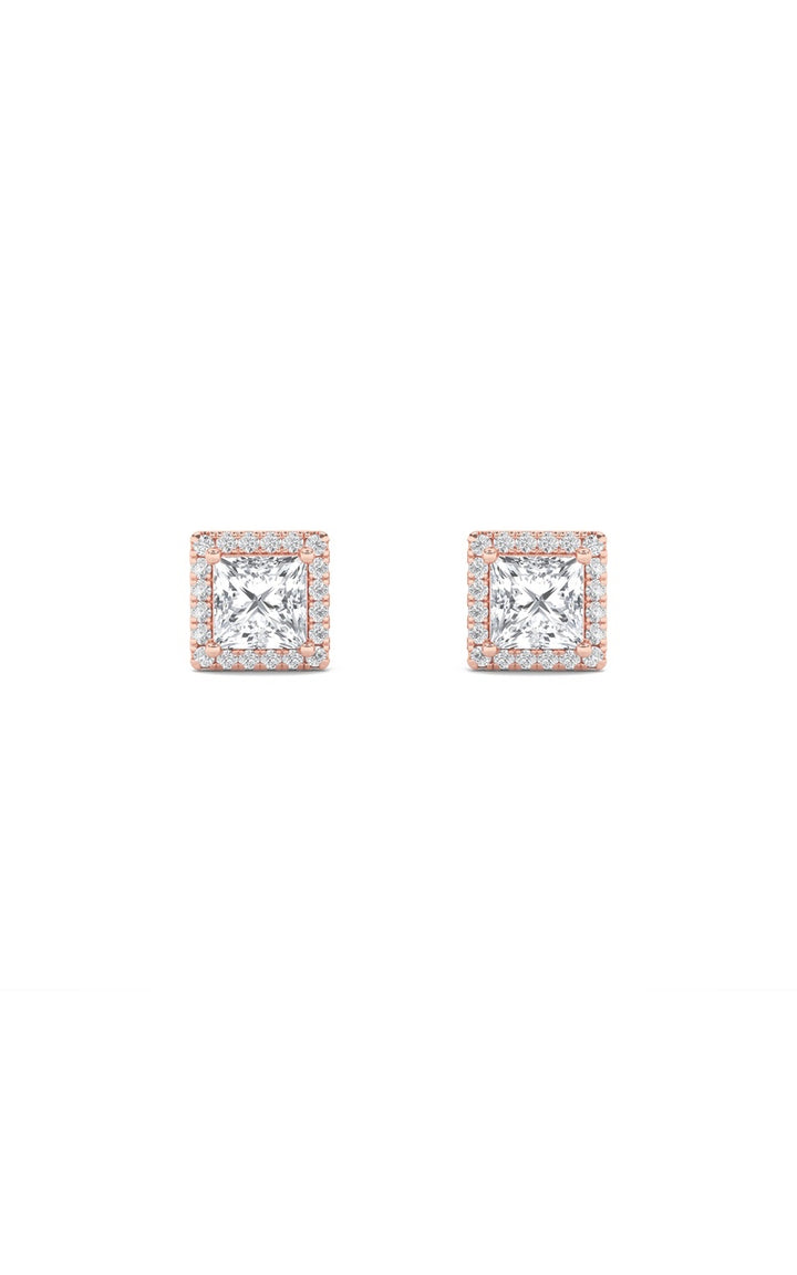 2Cttw Princess Shaped Lab Grown Diamond (F/VS) Halo Stud Earrings in 14K Gold
