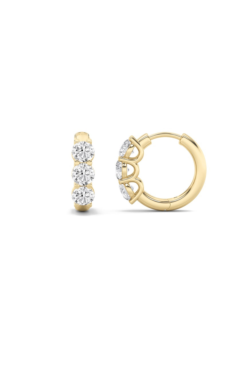 2Cttw Round Shaped Lab Grown Diamond (G/VS) Three Stone Huggie Earrings in 10K Gold