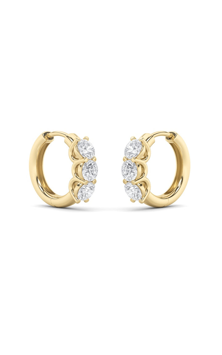 2Cttw Round Shaped Lab Grown Diamond (G/VS) Three Stone Huggie Earrings in 10K Gold