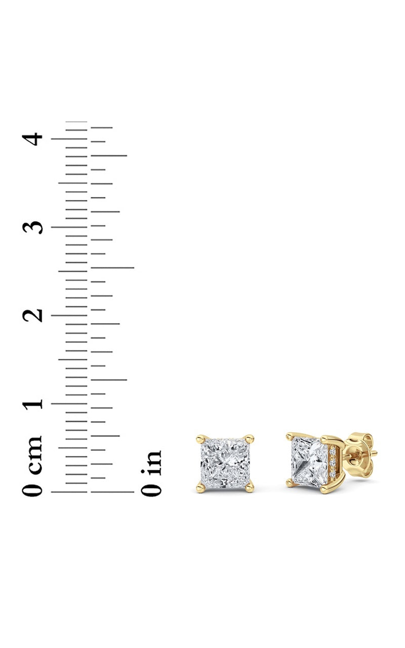 3Cttw Princess Shaped Lab Grown Diamond (F/VS) Hidden Halo Stud Earrings in 14K Gold