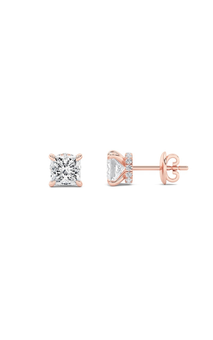 2Cttw Princess Shaped Lab Grown Diamond (F/VS) Hidden Halo Stud Earrings in 14K Gold