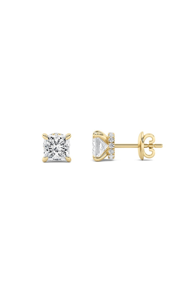 3Cttw Princess Shaped Lab Grown Diamond (F/VS) Hidden Halo Stud Earrings in 14K Gold