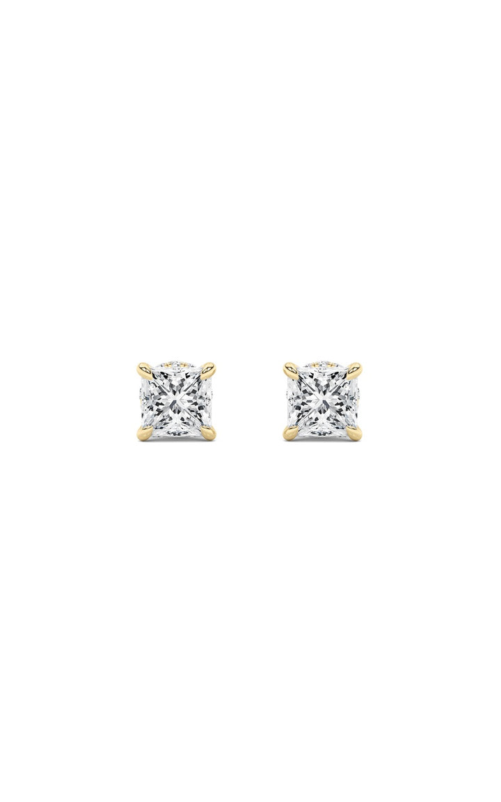 3Cttw Princess Shaped Lab Grown Diamond (F/VS) Hidden Halo Stud Earrings in 14K Gold