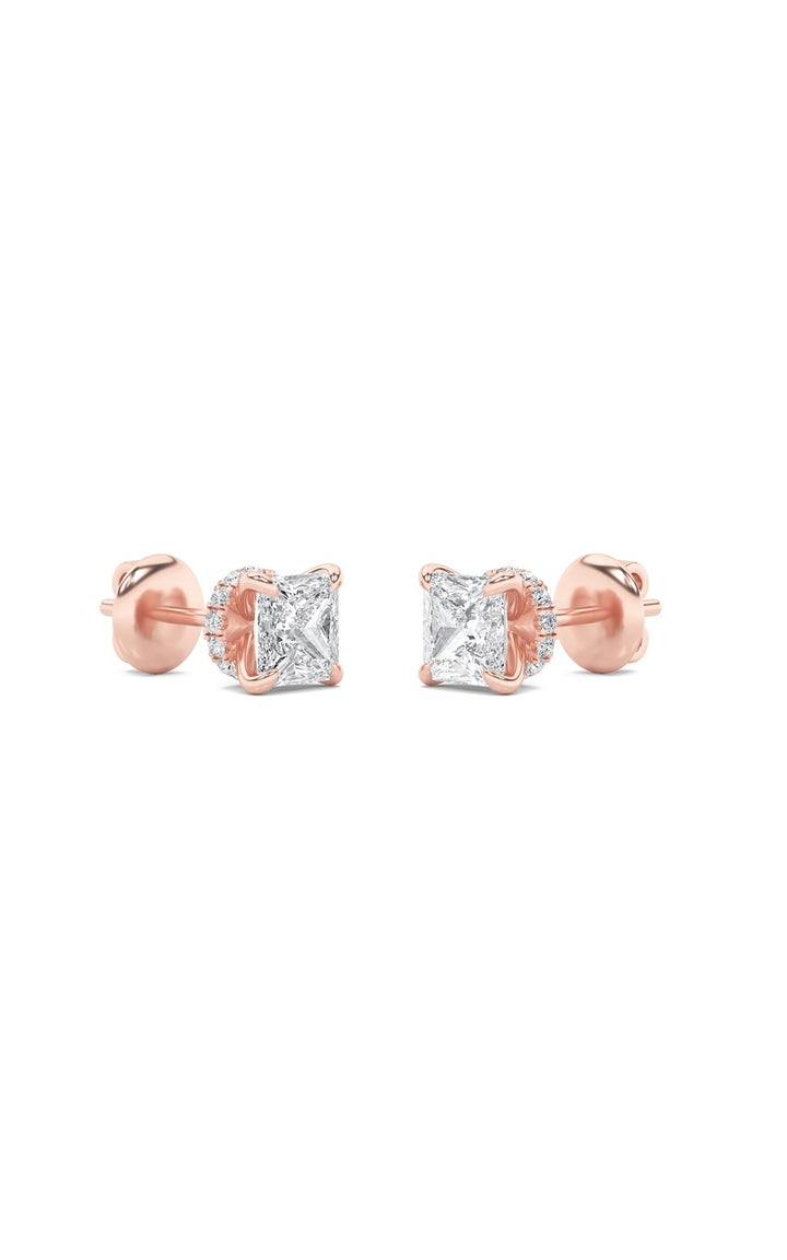 3Cttw Princess Shaped Lab Grown Diamond (F/VS) Hidden Halo Stud Earrings in 14K Gold