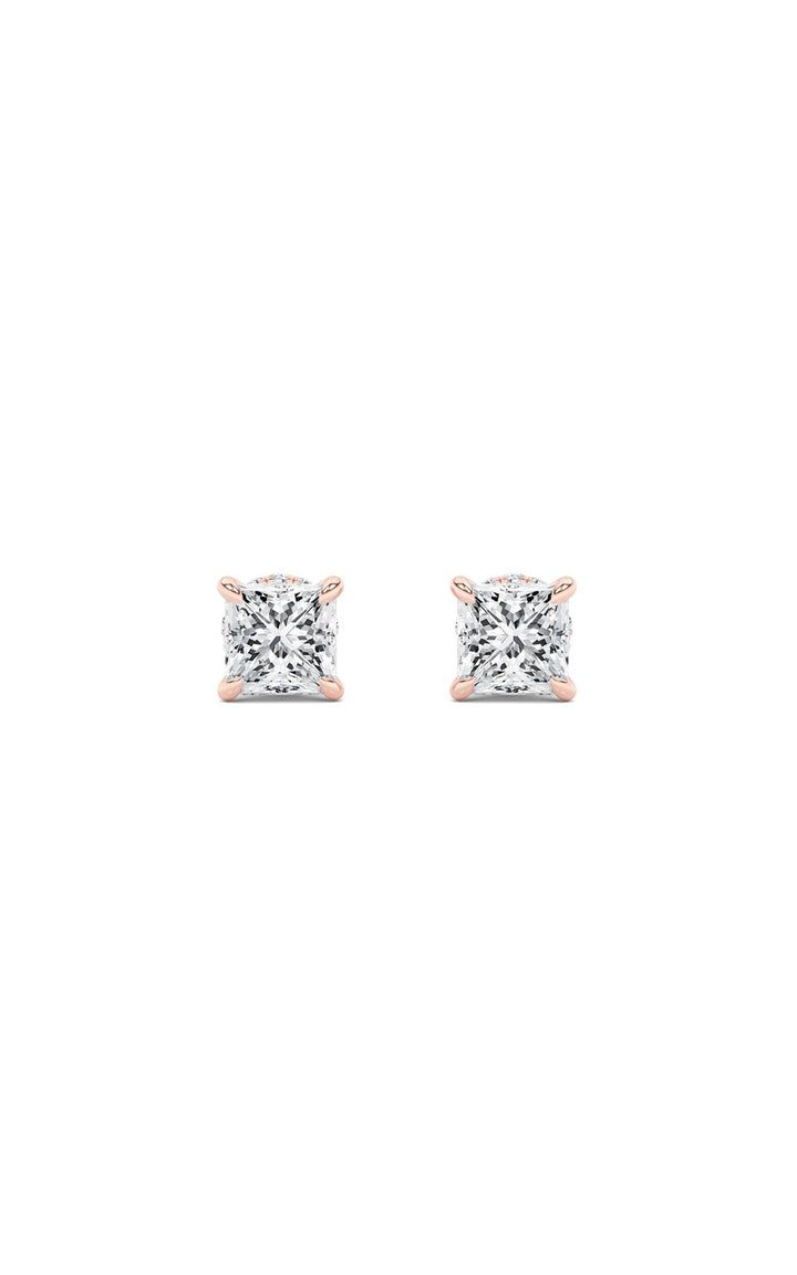 3Cttw Princess Shaped Lab Grown Diamond (F/VS) Hidden Halo Stud Earrings in 14K Gold
