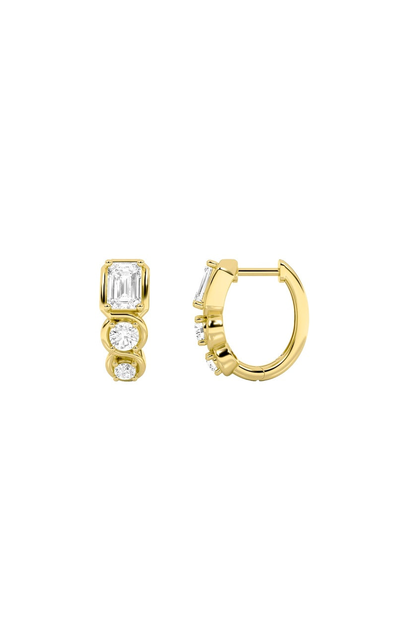 2.5Cttw Emerald Shaped Lab Grown Diamond (F/VS) Three Stone Huggie Earrings in 14K Gold