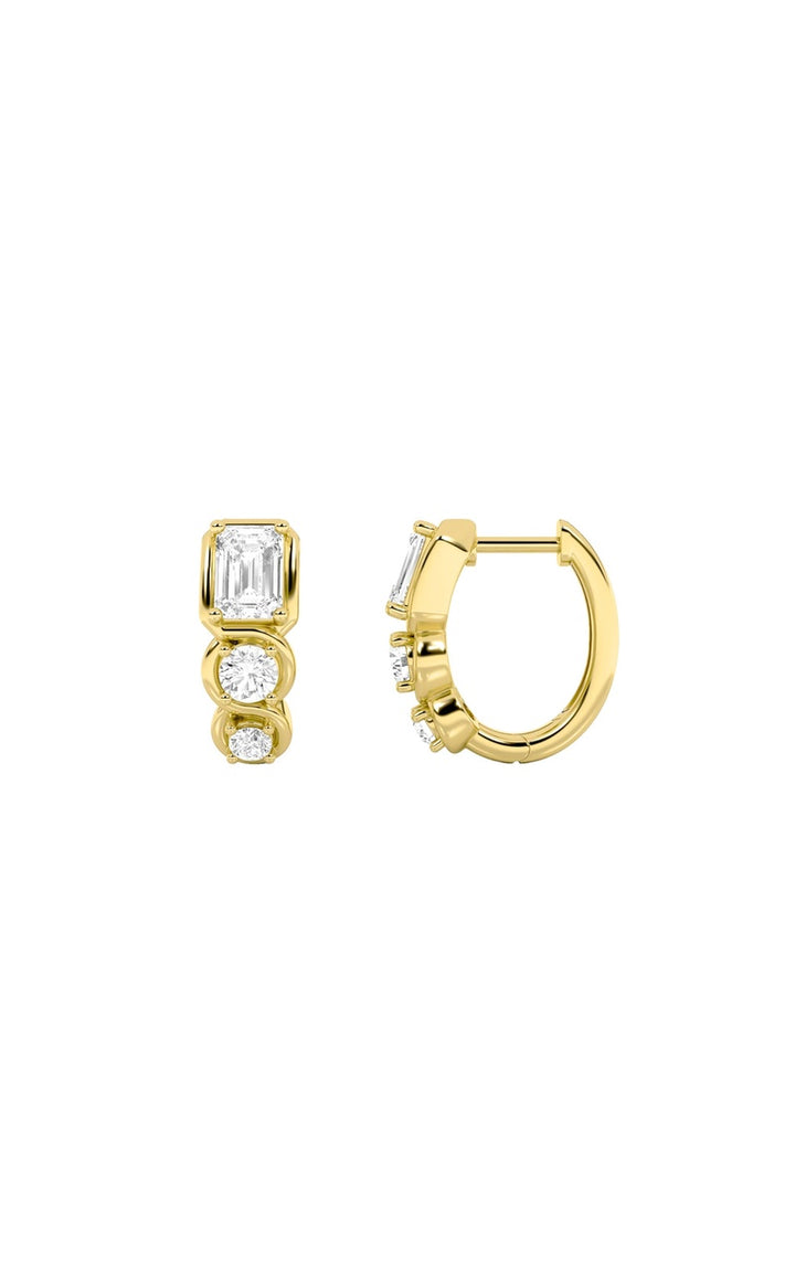 2.5Cttw Emerald Shaped Lab Grown Diamond (F/VS) Three Stone Huggie Earrings in 14K Gold