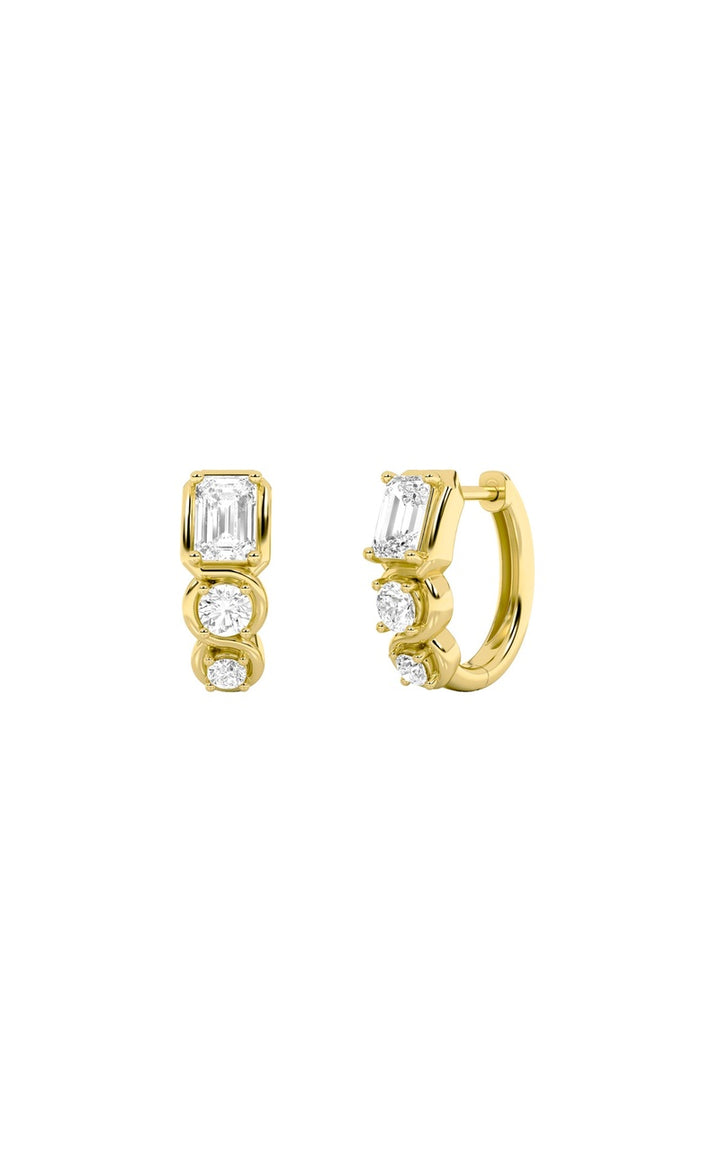 2.5Cttw Emerald Shaped Lab Grown Diamond (F/VS) Three Stone Huggie Earrings in 14K Gold