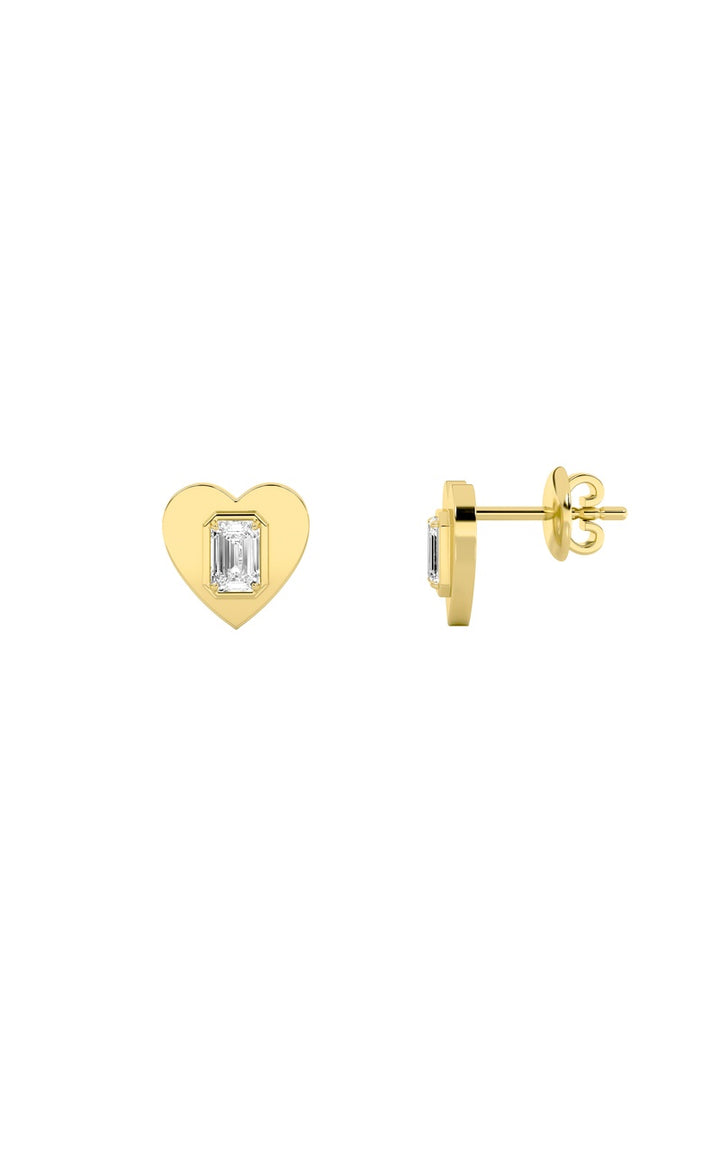1Cttw Emerald Shaped Lab Grown Diamond (F/VS) Heart Shaped Stud Earrings in 14K Gold