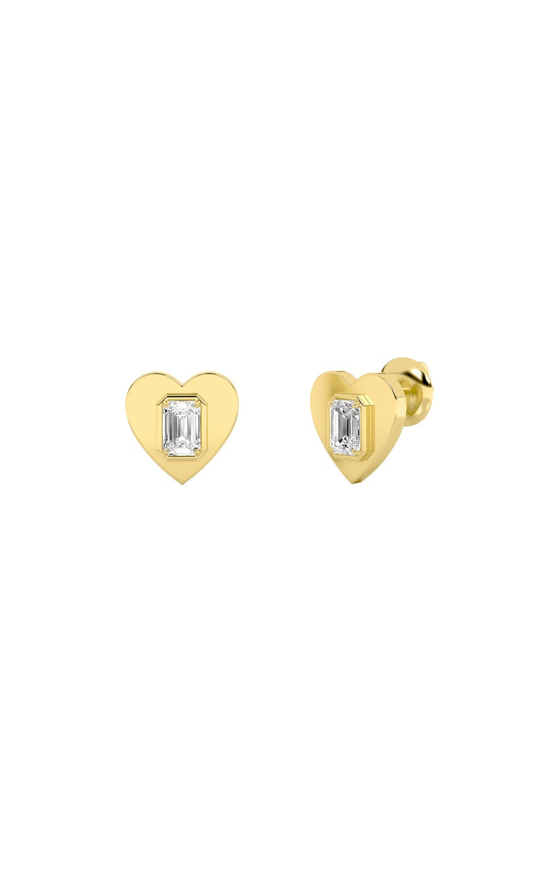 1Cttw Emerald Shaped Lab Grown Diamond (F/VS) Heart Shaped Stud Earrings in 14K Gold