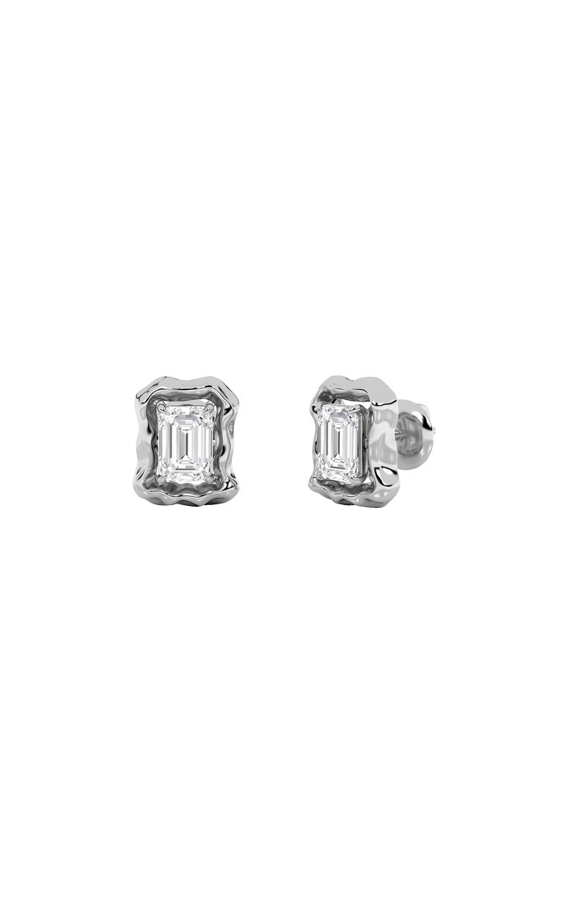 1.5Cttw Emerald Shaped Lab Grown Diamond (F/VS) Organic Design Stud Earrings in 14K Gold