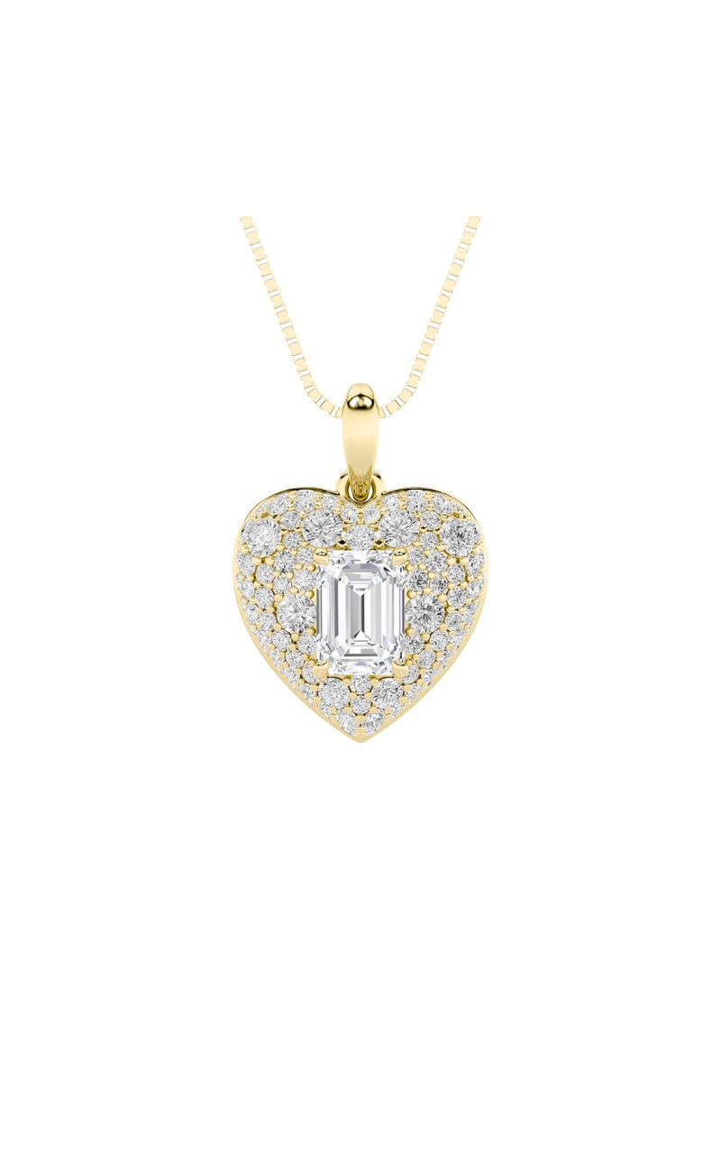 2Cttw Emerald Shaped Lab Grown Diamond (F/VS) Pave Accented Heart Shaped Pendant in 14K Gold