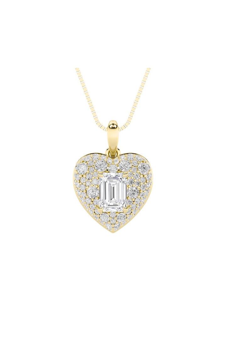 2Cttw Emerald Shaped Lab Grown Diamond (F/VS) Pave Accented Heart Shaped Pendant in 14K Gold