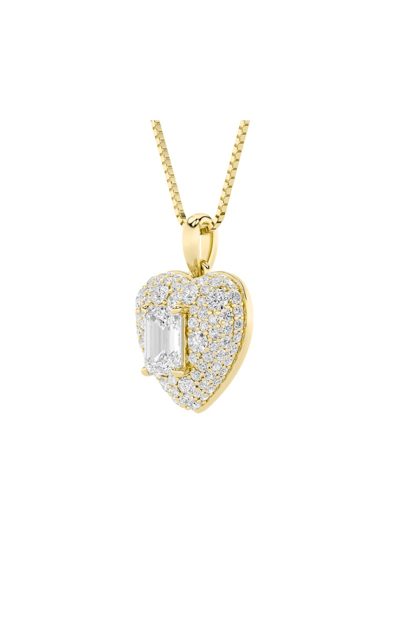 2Cttw Emerald Shaped Lab Grown Diamond (F/VS) Pave Accented Heart Shaped Pendant in 14K Gold