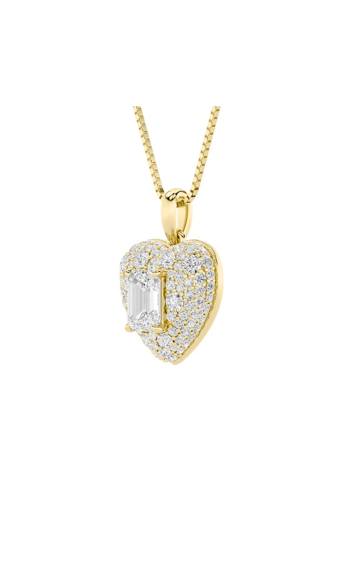 2Cttw Emerald Shaped Lab Grown Diamond (F/VS) Pave Accented Heart Shaped Pendant in 14K Gold