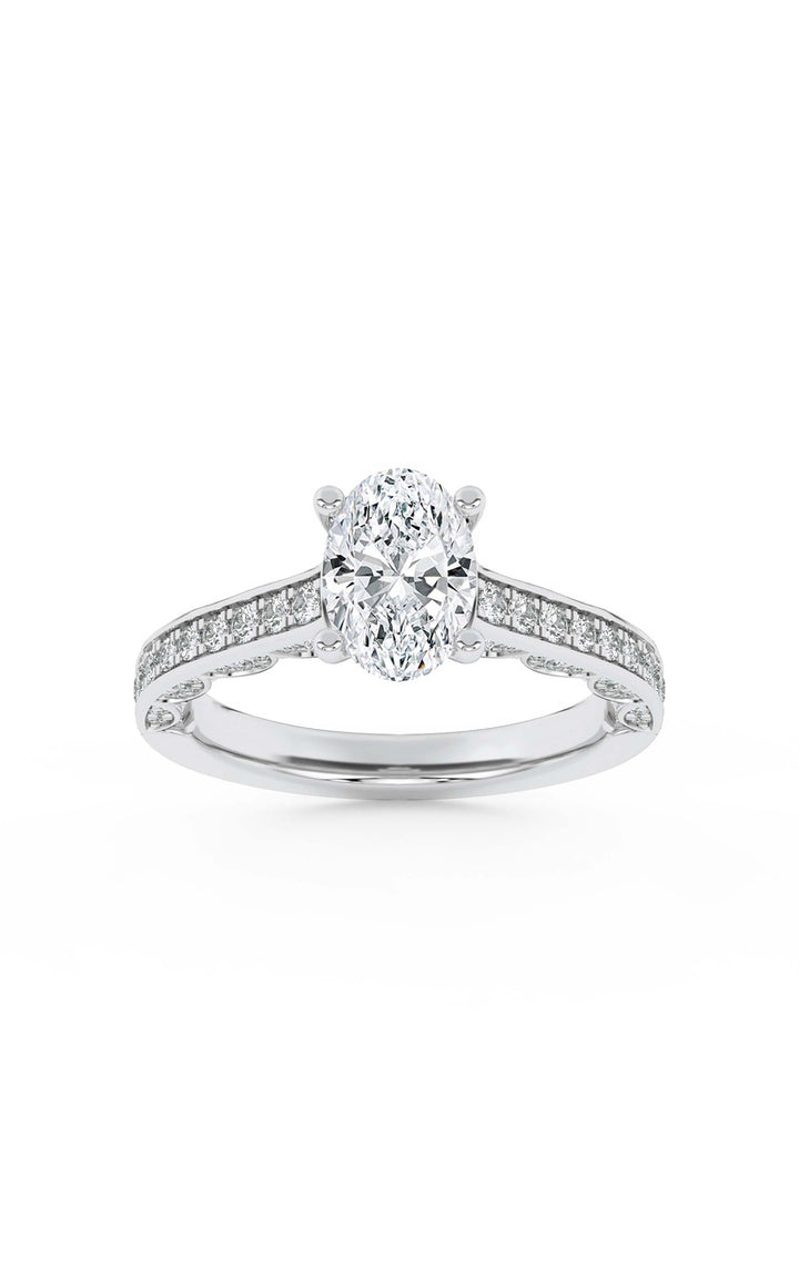 2CTW Oval Shaped Lab Grown Diamond (F/VS) Accented Engagement Ring in 14K Gold