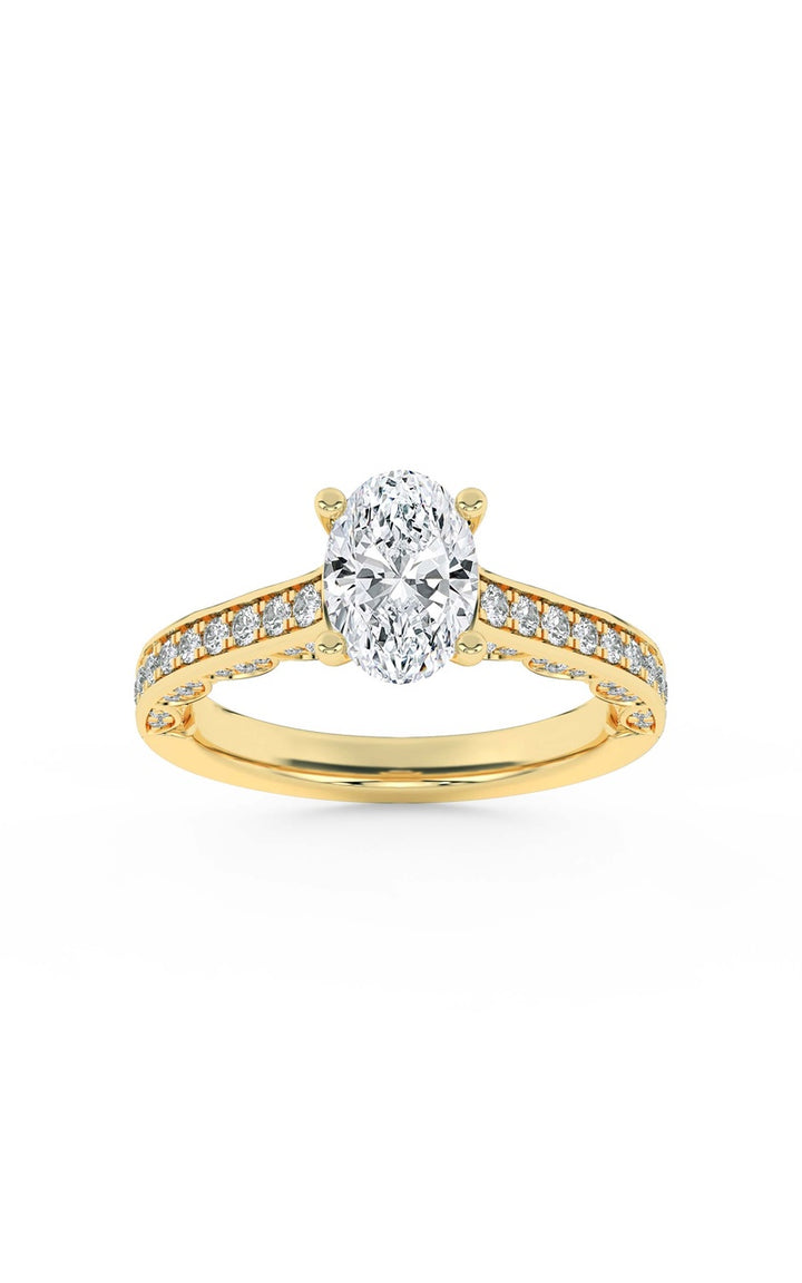 2CTW Oval Shaped Lab Grown Diamond (F/VS) Accented Engagement Ring in 14K Gold