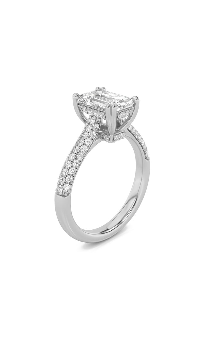 3Cttw Emerald Shaped Lab Grown Diamond (F/VS) Triple Row Accented Engagement Ring in 14K Gold