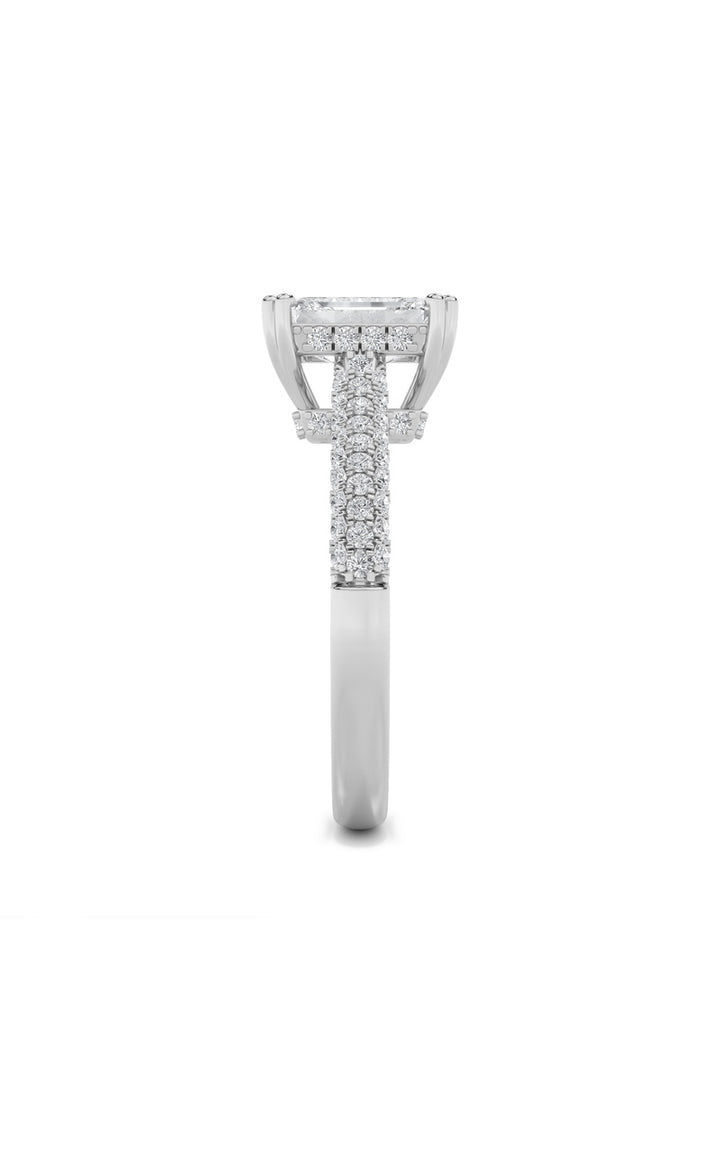 3Cttw Emerald Shaped Lab Grown Diamond (F/VS) Triple Row Accented Engagement Ring in 14K Gold
