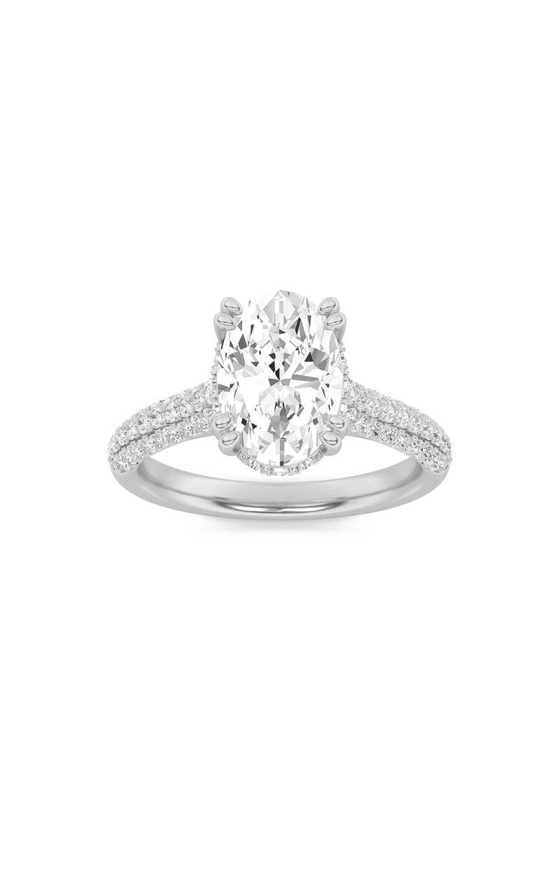3CTW Oval Shaped Lab Grown Diamond (F/VS) Triple Row Accented Engagement Ring in 14K Gold