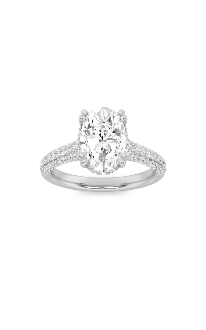 3CTW Oval Shaped Lab Grown Diamond (F/VS) Triple Row Accented Engagement Ring in 14K Gold