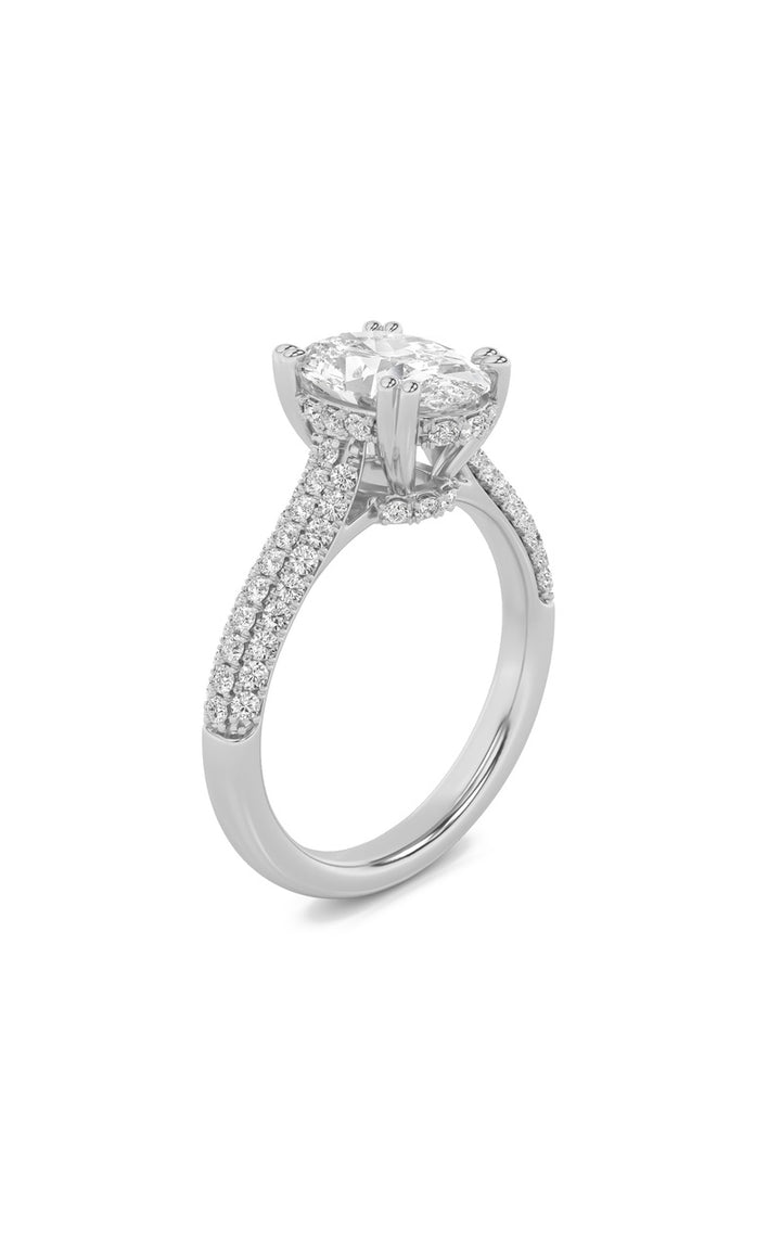 3CTW Oval Shaped Lab Grown Diamond (F/VS) Triple Row Accented Engagement Ring in 14K Gold