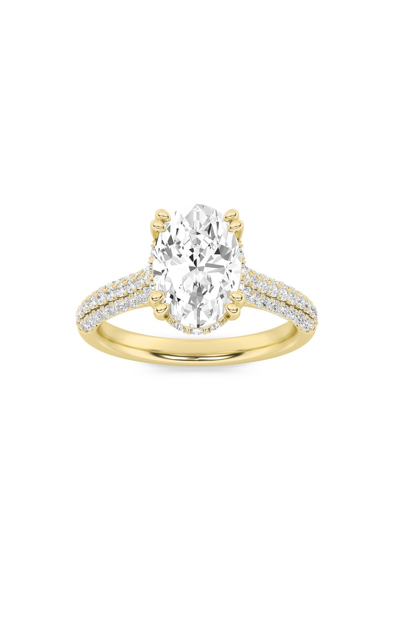 3CTW Oval Shaped Lab Grown Diamond (F/VS) Triple Row Accented Engagement Ring in 14K Gold
