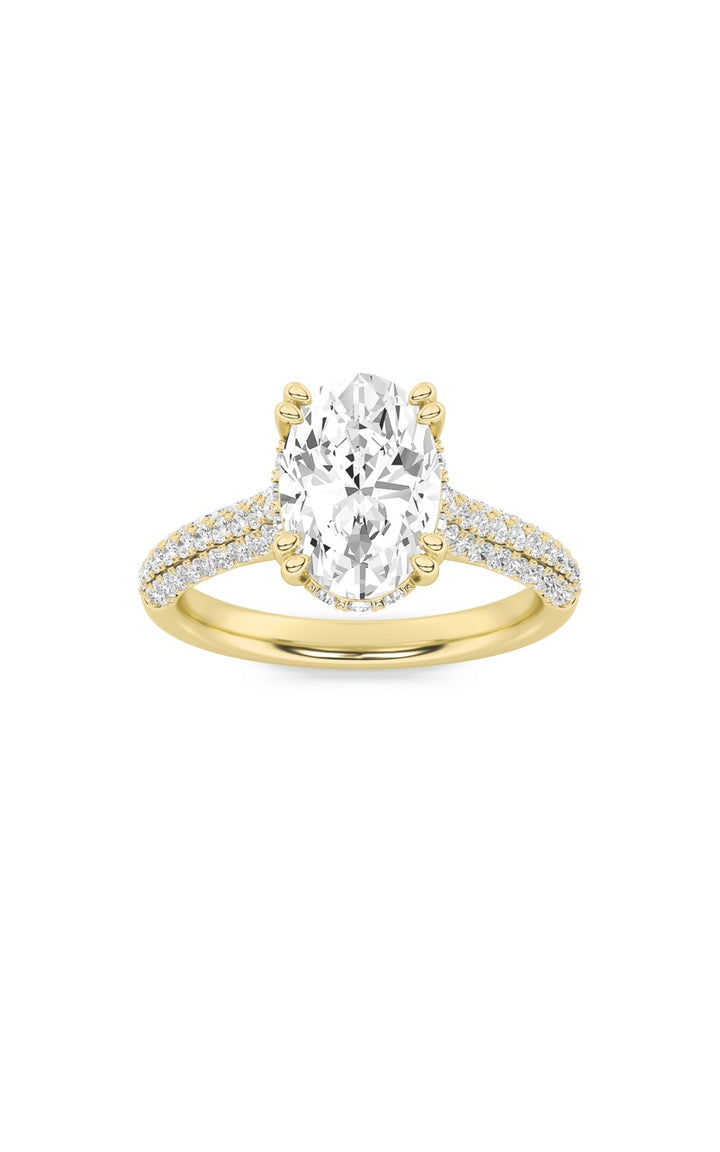 3CTW Oval Shaped Lab Grown Diamond (F/VS) Triple Row Accented Engagement Ring in 14K Gold