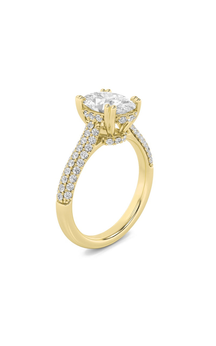 3CTW Oval Shaped Lab Grown Diamond (F/VS) Triple Row Accented Engagement Ring in 14K Gold
