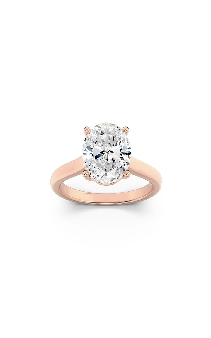 1Cttw Oval Shaped Lab Grown Diamond (F/VS) Plain Cathedral Trellis Shank Solitaire Engagement Ring in 14K Gold