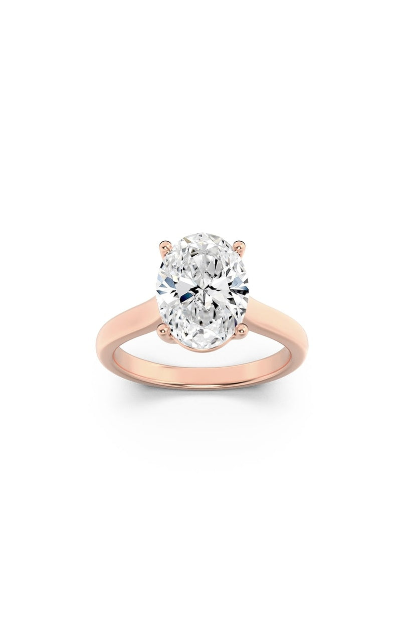 2CTW Oval Shaped Lab Grown Diamond (F/VS) Plain Cathedral Trellis Shank Solitaire Engagement Ring in 14K Gold