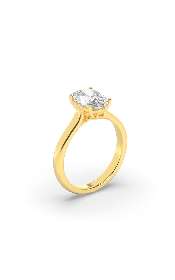 2.5Cttw Oval Shaped Lab Grown Diamond (F/VS) Plain Cathedral Trellis Shank Solitaire Engagement Ring in 14K Gold