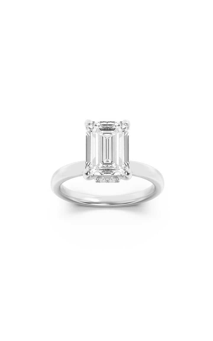 1Cttw Emerald Shaped Lab Grown Diamond (F/VS) Hidden Halo Plain Shank Engagement Ring in 14K Gold