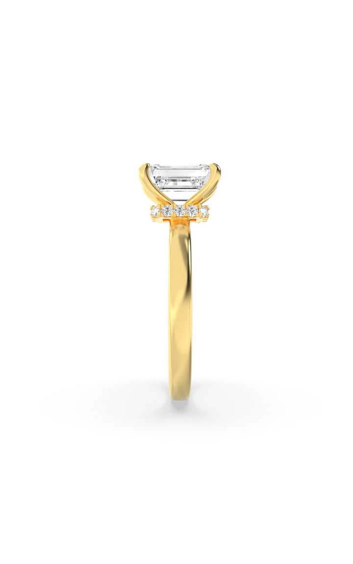 1CTW Emerald Shaped Lab Grown Diamond (F/VS) Hidden Halo Plain Shank Engagement Ring in 14K Gold