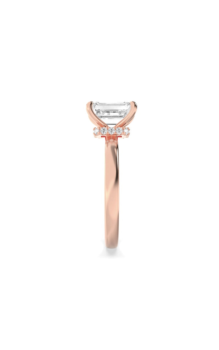 2Cttw Emerald Shaped Lab Grown Diamond (F/VS) Hidden Halo Plain Shank Engagement Ring in 14K Gold