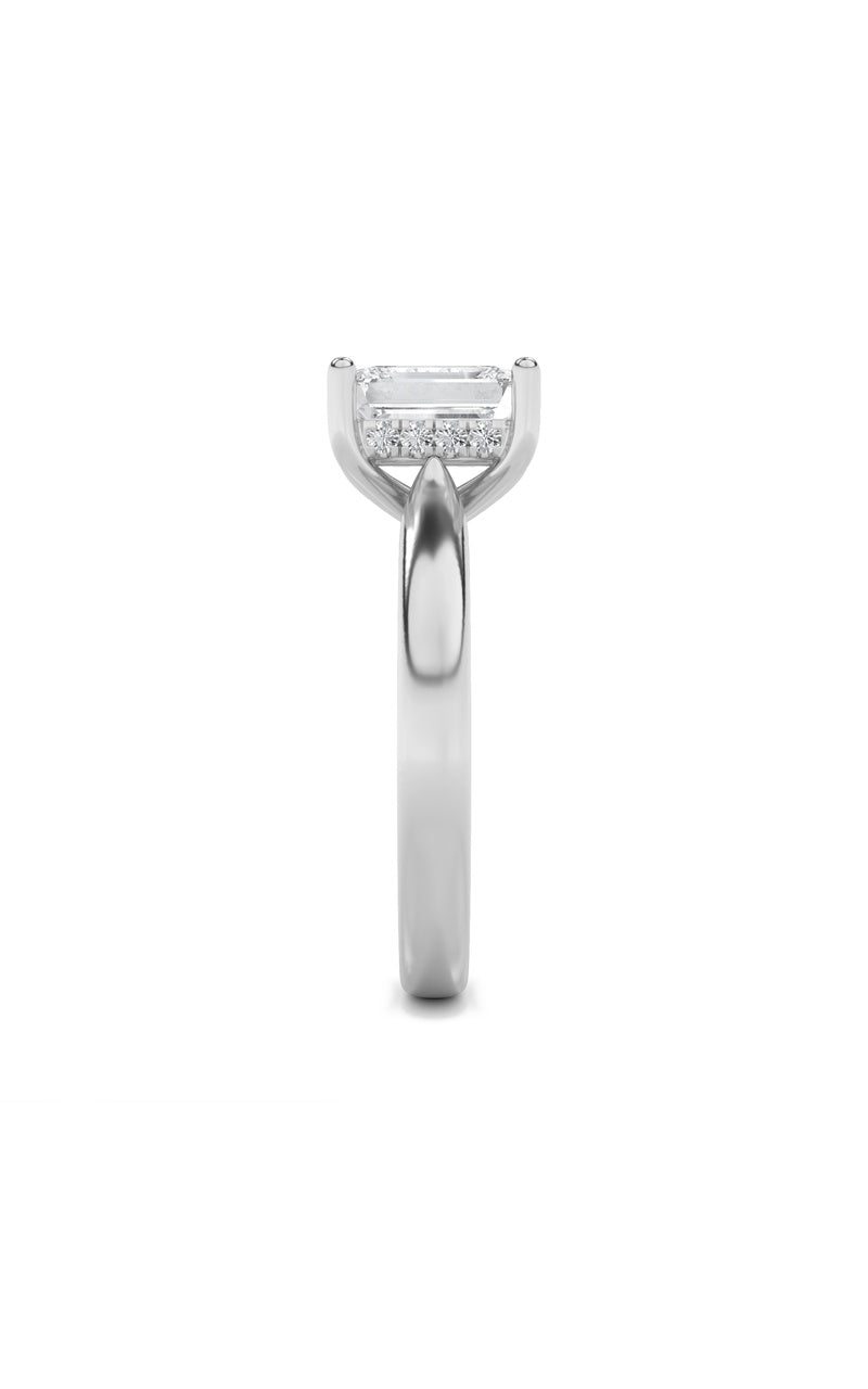 3Cttw Emerald Shaped Lab Grown Diamond (F/VS) Hidden Halo Cathedral Shank Engagement Ring in 14K Gold