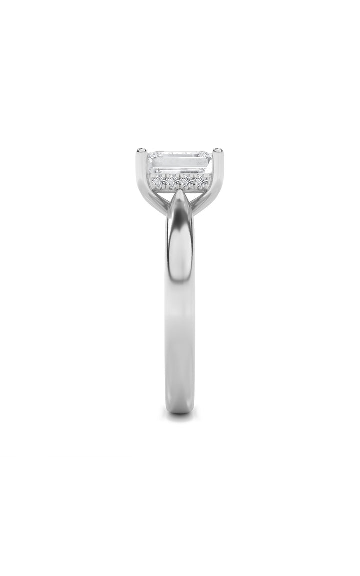 3Cttw Emerald Shaped Lab Grown Diamond (F/VS) Hidden Halo Cathedral Shank Engagement Ring in 14K Gold