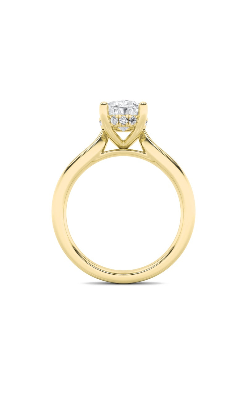 2Cttw Oval Shaped Lab Grown Diamond (F/VS) Hidden Halo Cathedral Shank Engagement Ring in 14K Gold