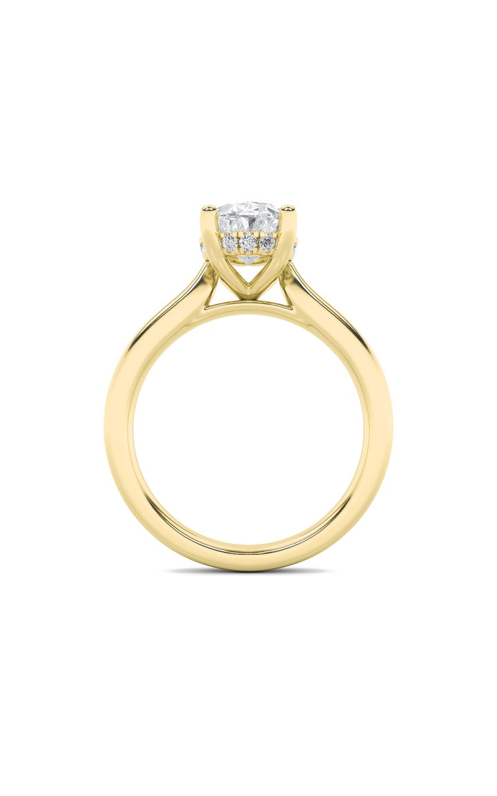 2Cttw Oval Shaped Lab Grown Diamond (F/VS) Hidden Halo Cathedral Shank Engagement Ring in 14K Gold