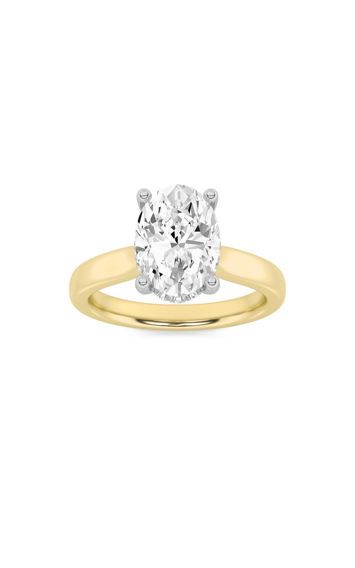 2Cttw Oval Shaped Lab Grown Diamond (F/VS) Hidden Halo Cathedral Shank Engagement Ring in 14K Gold