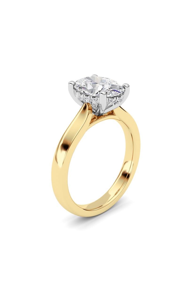 2Cttw Oval Shaped Lab Grown Diamond (F/VS) HiddenHalo Cathedral Shank Engagement Ring in 14K Gold
