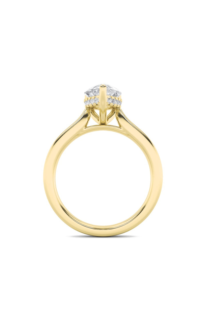 1Cttw Pear Shaped Lab Grown Diamond (F/VS) HiddenHalo Cathedral Shank Engagement Ring in 14K Gold