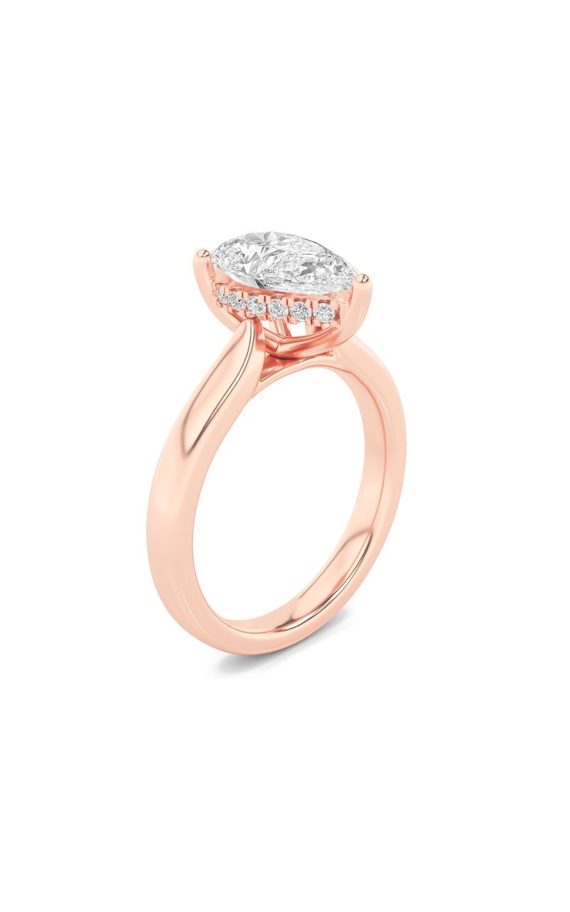 2Cttw Pear Shaped Lab Grown Diamond (F/VS) HiddenHalo Cathedral Shank Engagement Ring in 14K Gold