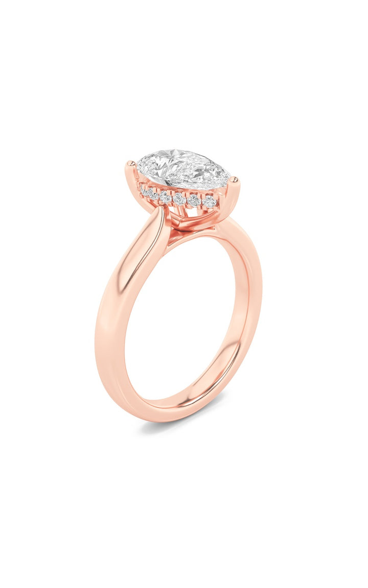 2Cttw Pear Shaped Lab Grown Diamond (F/VS) HiddenHalo Cathedral Shank Engagement Ring in 14K Gold