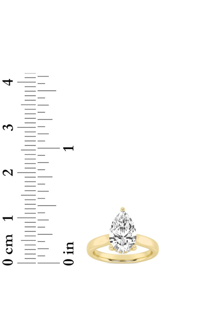3Cttw Pear Shaped Lab Grown Diamond (F/VS) HiddenHalo Cathedral Shank Engagement Ring in 14K Gold