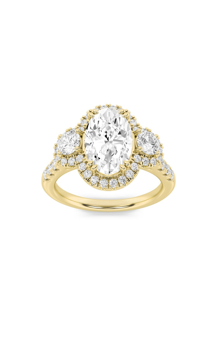 3Cttw Oval Shaped Lab Grown Diamond (F/VS) Three Stone Accented Ring in 14K Gold